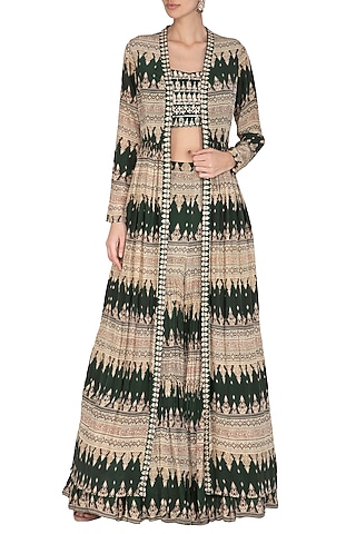 Bottle Green Embroidered Crop Top With Sharara Pants & Printed Cape by Bhumika Sharma