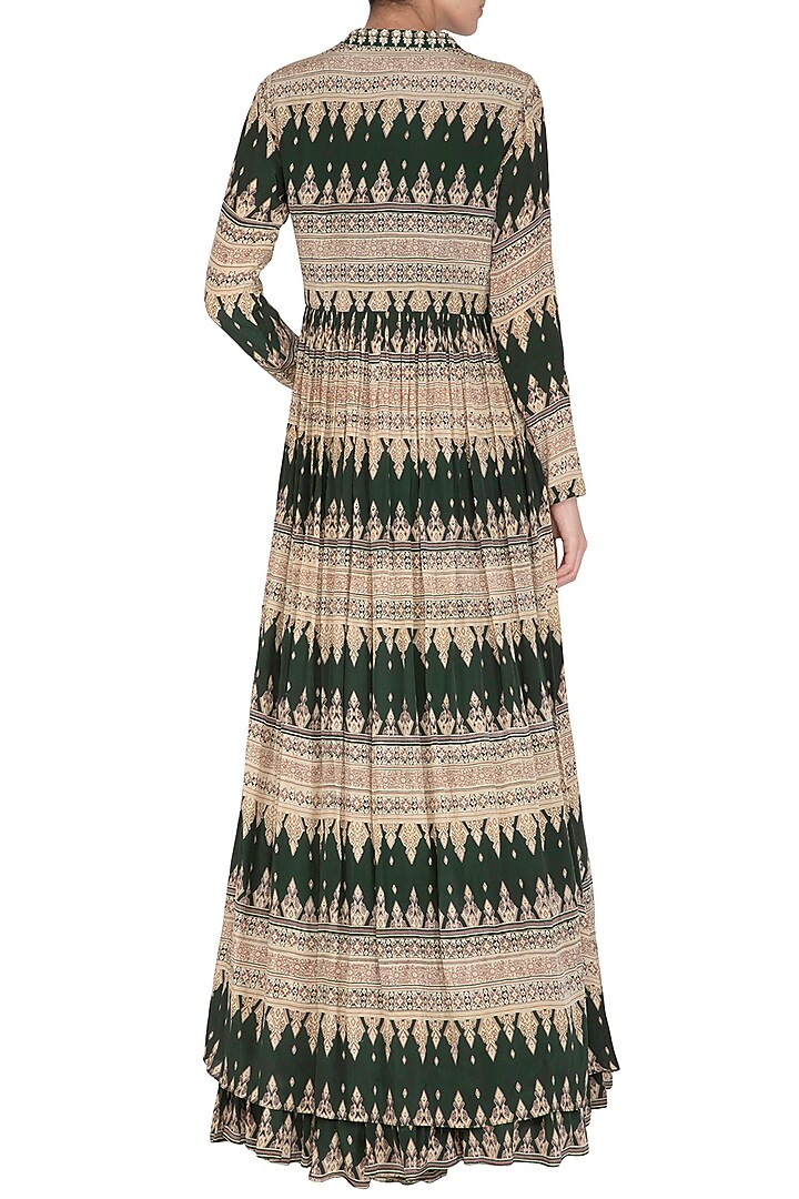 Bottle Green Embroidered Crop Top With Wedding Sharara Pants & Printed Cape by Bhumika Sharma at Pernia's Pop Up Shop