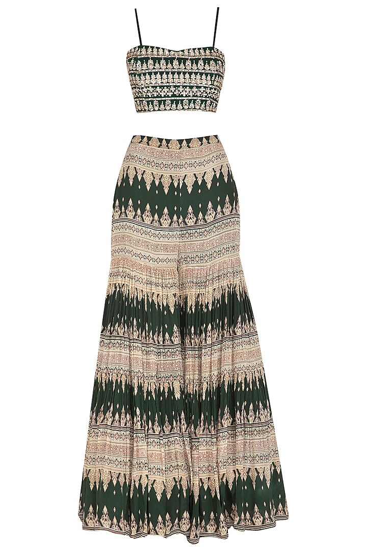 Bottle Green Embroidered Crop Top With Wedding Sharara Pants & Printed Cape by Bhumika Sharma at Pernia's Pop Up Shop