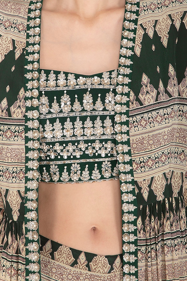 Bottle Green Embroidered Crop Top With Wedding Sharara Pants & Printed Cape by Bhumika Sharma at Pernia's Pop Up Shop