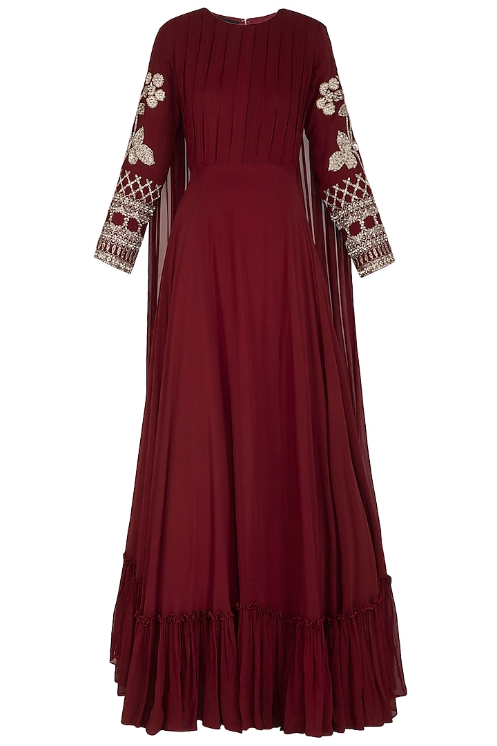 Maroon Embroidered Anarkali Gown With Attached Dupatta by Bhumika Sharma