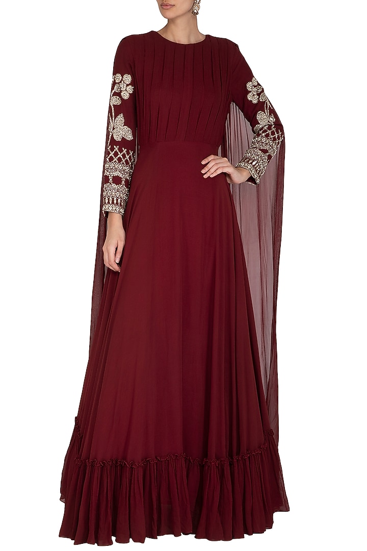 Maroon Embroidered Wedding Anarkali Gown With Attached Dupatta by Bhumika Sharma at Pernia's Pop Up Shop