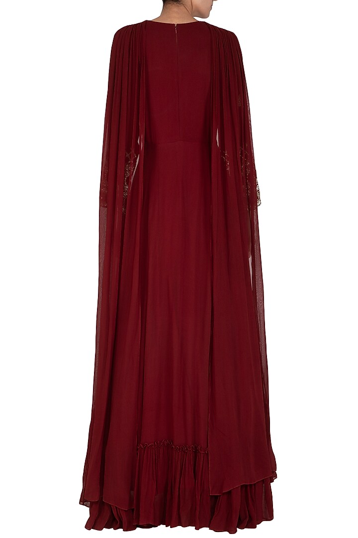 Maroon Embroidered Wedding Anarkali Gown With Attached Dupatta by Bhumika Sharma at Pernia's Pop Up Shop