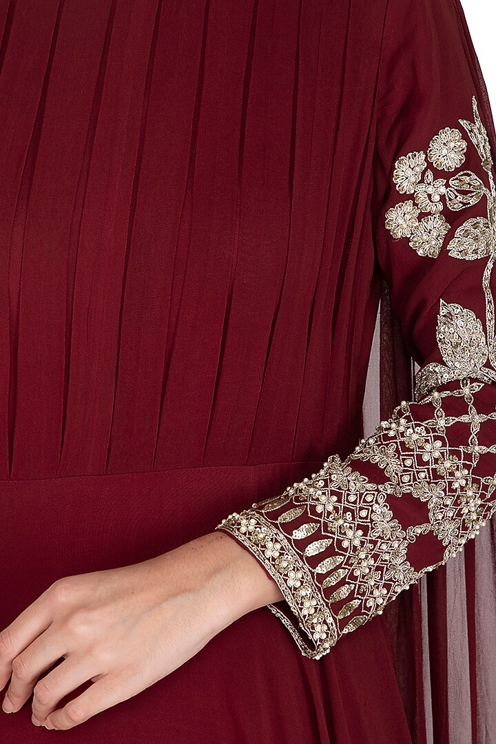 Maroon Embroidered Wedding Anarkali Gown With Attached Dupatta by Bhumika Sharma at Pernia's Pop Up Shop