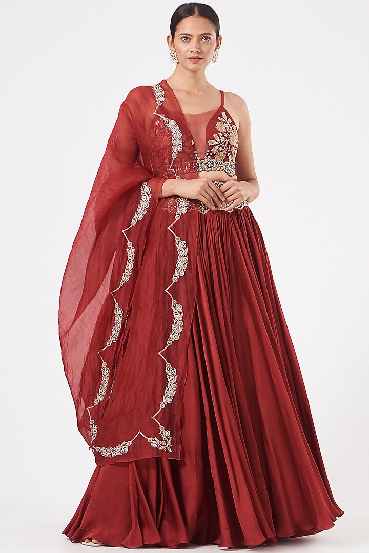 Red Satin Skirt Set by Bhumika Sharma