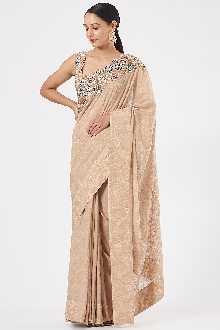 Nude Georgette Hand Embroidered & Banarasi Printed Saree Set by Bhumika Sharma at Pernia's Pop Up Shop