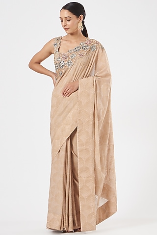 Nude Georgette Hand Embroidered & Banarasi Printed Saree Set by Bhumika Sharma