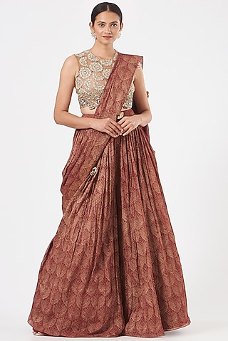 Red Georgette Banarasi Printed Palazzo Saree Set by Bhumika Sharma