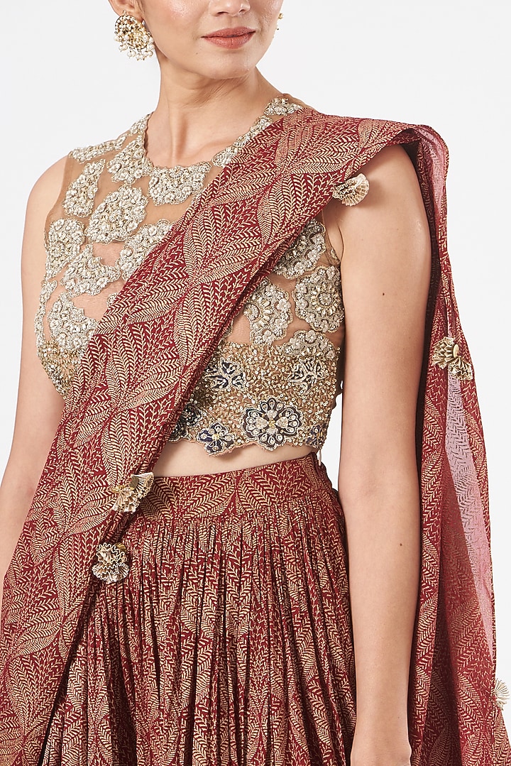 Red Georgette Banarasi Printed Palazzo Wedding Saree Set by Bhumika Sharma at Pernia's Pop Up Shop
