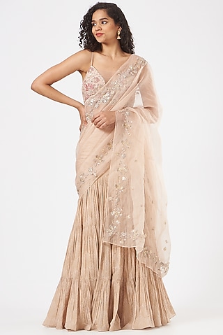 Champagne Banarasi Printed Saree Set by Bhumika Sharma