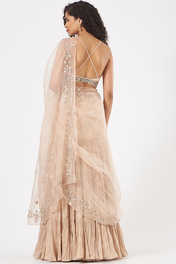 Champagne Banarasi Printed Reception Saree Set by Bhumika Sharma at Pernia's Pop Up Shop