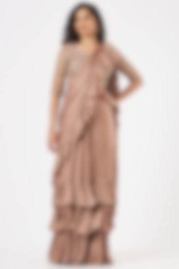 Nude Satin Ruffled Wedding Saree Set by Bhumika Sharma at Pernia's Pop Up Shop