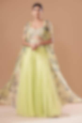 Mint & Blue Organza Printed Jacket Wedding Lehenga Set by Bhumika Sharma at Pernia's Pop Up Shop