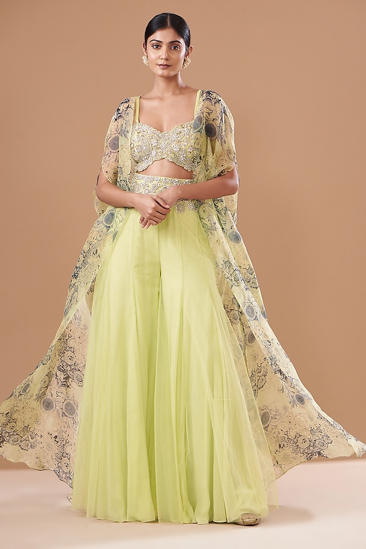 Mint & Blue Organza Printed Jacket Wedding Lehenga Set by Bhumika Sharma at Pernia's Pop Up Shop