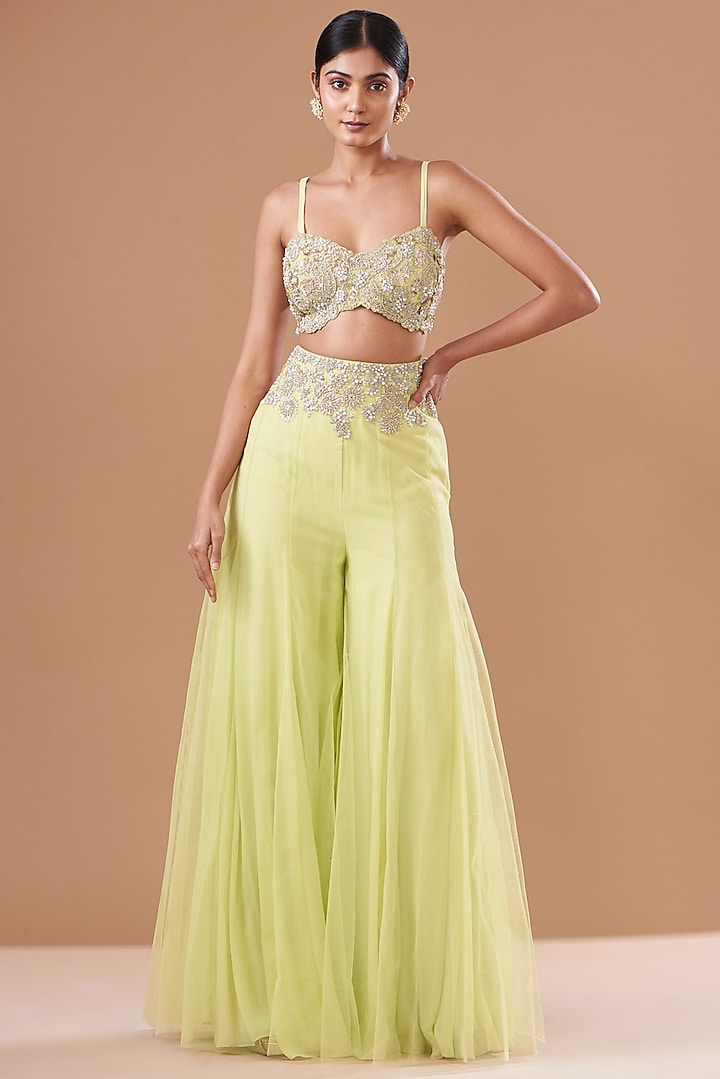 Mint & Blue Organza Printed Jacket Wedding Lehenga Set by Bhumika Sharma at Pernia's Pop Up Shop
