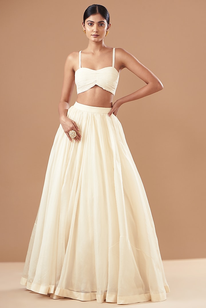 Ivory Organza Printed & Embroidered Jacket Wedding Lehenga Set by Bhumika Sharma at Pernia's Pop Up Shop