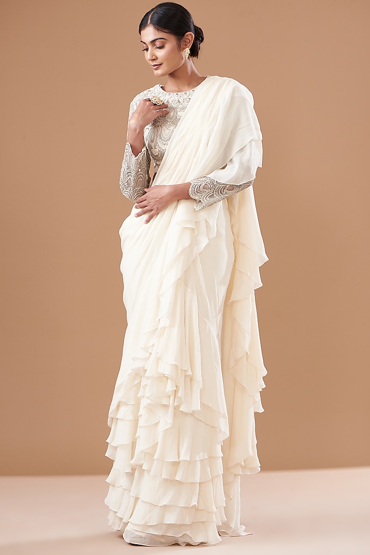 Ivory Georgette Ruffled Saree Set by Bhumika Sharma