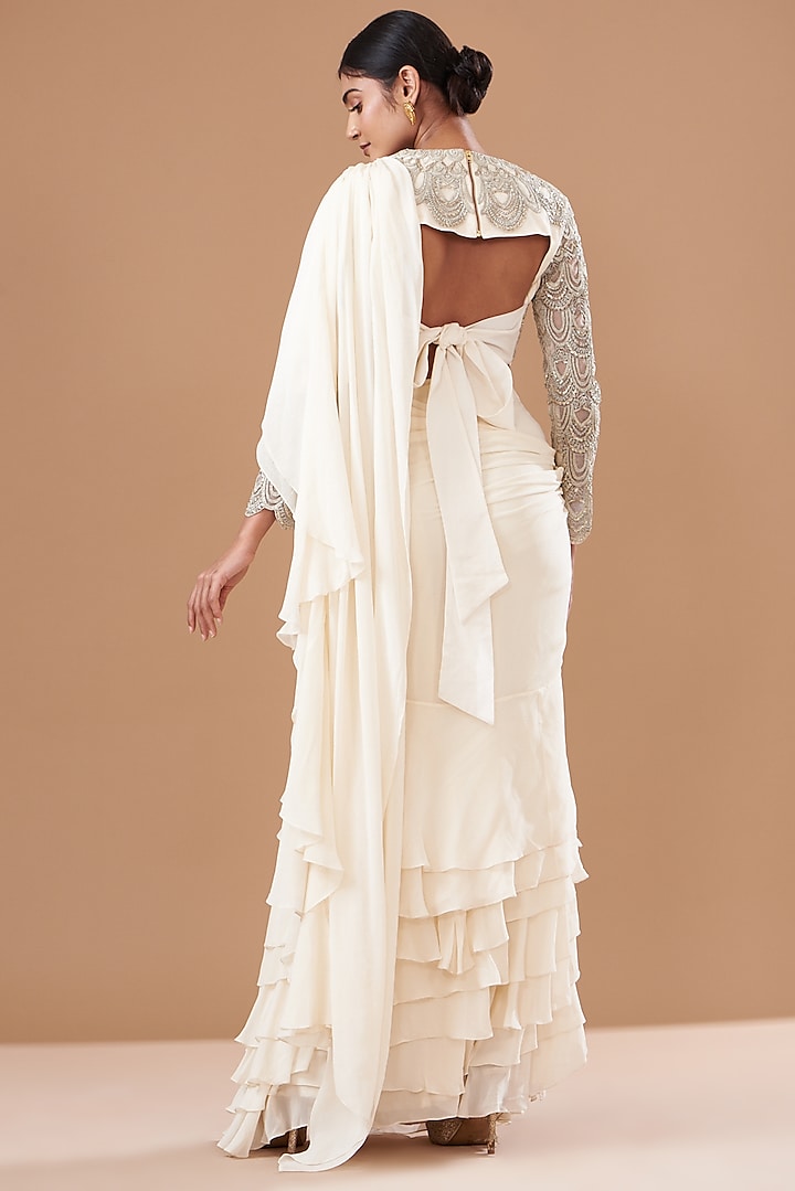 Ivory Georgette Ruffled Reception Saree Set by Bhumika Sharma at Pernia's Pop Up Shop