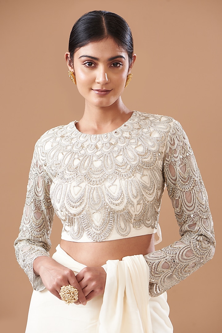 Ivory Georgette Ruffled Reception Saree Set by Bhumika Sharma at Pernia's Pop Up Shop
