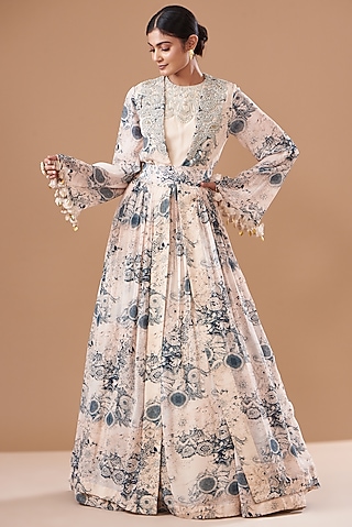 Champagne & Blue Georgette Embroidered Anarkali Set by Bhumika Sharma