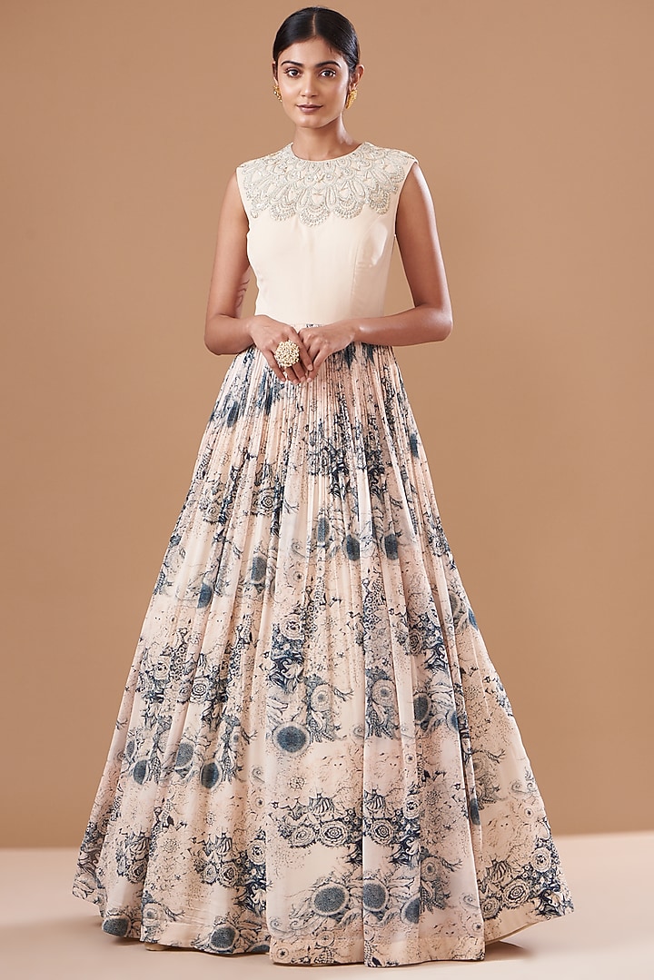 Champagne & Blue Georgette Embroidered Wedding Anarkali Set by Bhumika Sharma at Pernia's Pop Up Shop