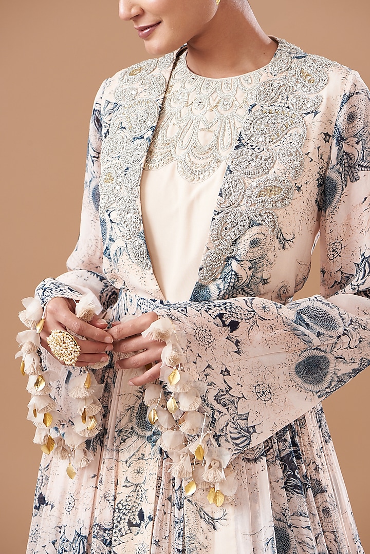 Champagne & Blue Georgette Embroidered Wedding Anarkali Set by Bhumika Sharma at Pernia's Pop Up Shop