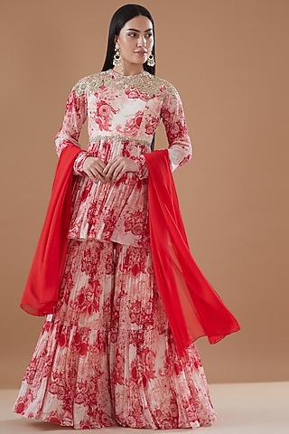 Ivory & Red Georgette Printed Sharara Set by Bhumika Sharma