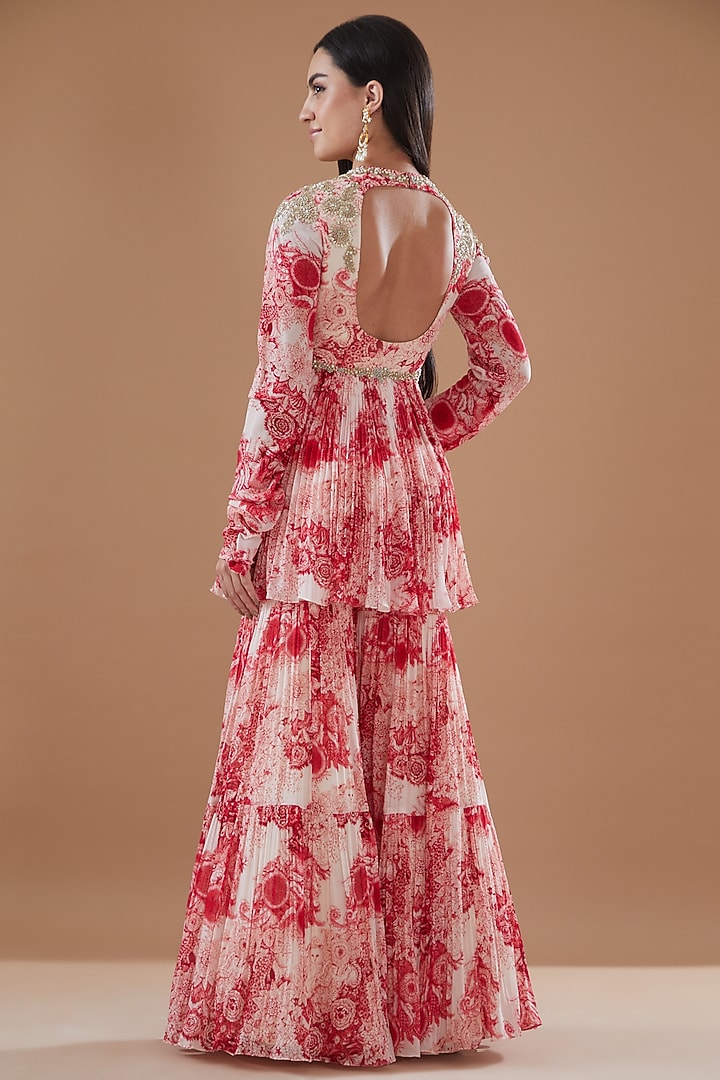 Ivory & Red Georgette Printed Wedding Sharara Set by Bhumika Sharma at Pernia's Pop Up Shop