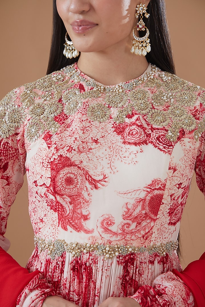 Ivory & Red Georgette Printed Wedding Sharara Set by Bhumika Sharma at Pernia's Pop Up Shop