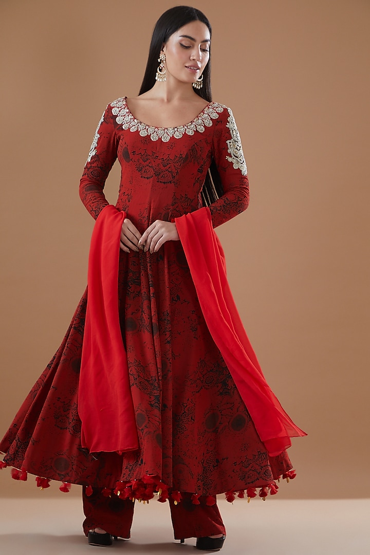 Red Georgette Printed & Embroidered Anarkali Set by Bhumika Sharma at Pernia's Pop Up Shop