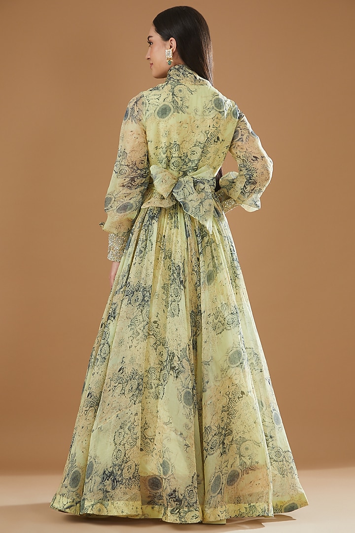 Mint & Blue Organza Printed Wedding Gown by Bhumika Sharma at Pernia's Pop Up Shop