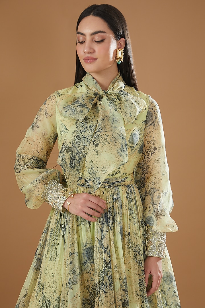 Mint & Blue Organza Printed Wedding Gown by Bhumika Sharma at Pernia's Pop Up Shop