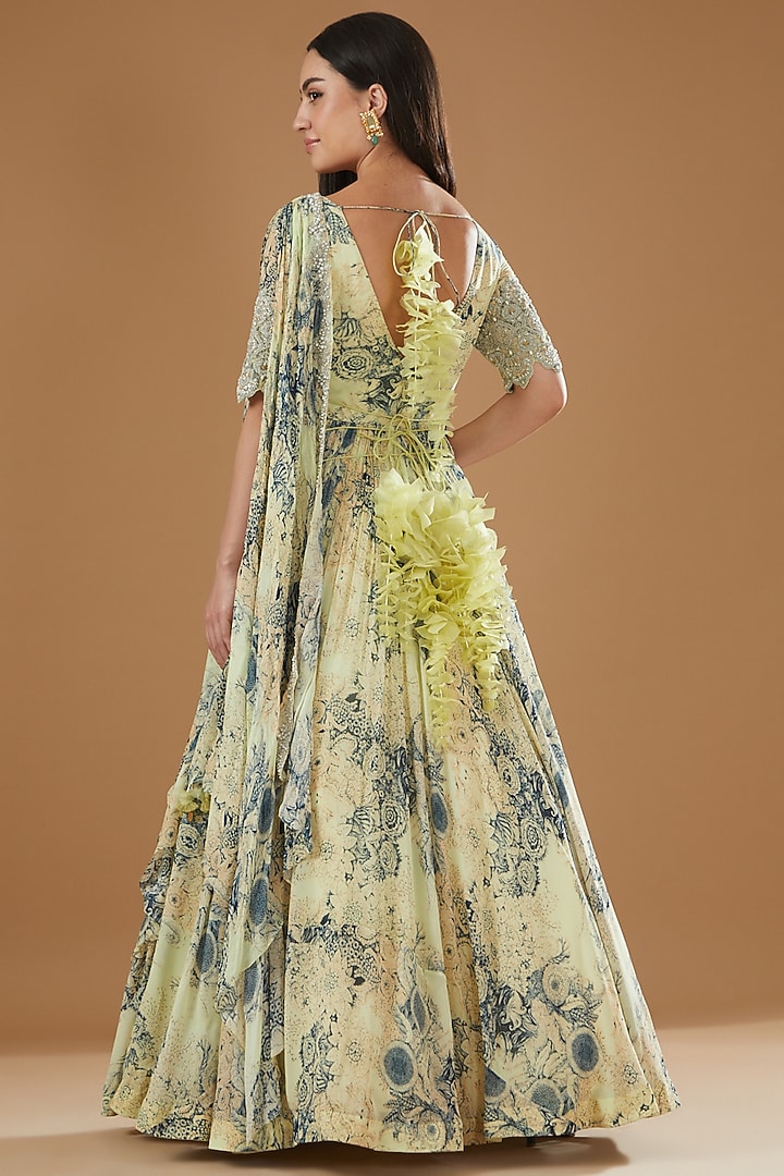 Mint & Blue Georgette Printed Bridal Anarkali With Attached Dupatta by Bhumika Sharma at Pernia's Pop Up Shop