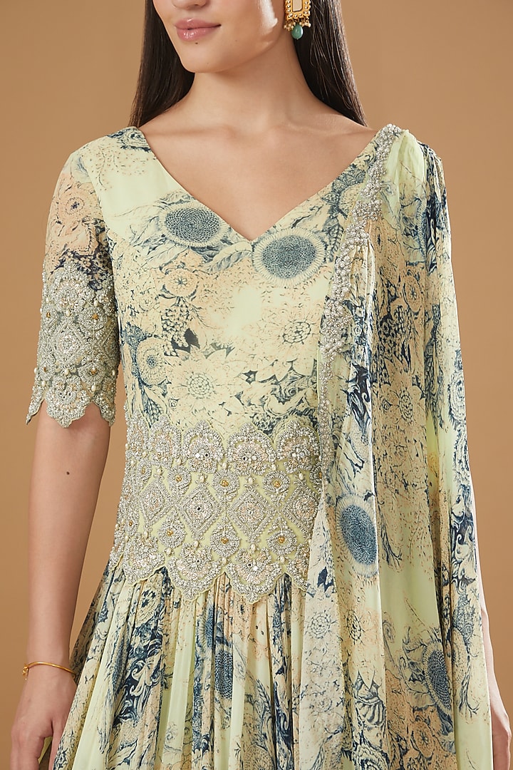 Mint & Blue Georgette Printed Bridal Anarkali With Attached Dupatta by Bhumika Sharma at Pernia's Pop Up Shop