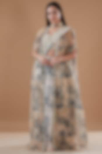 Champagne & Blue Georgette Printed Jacket Saree Set by Bhumika Sharma at Pernia's Pop Up Shop