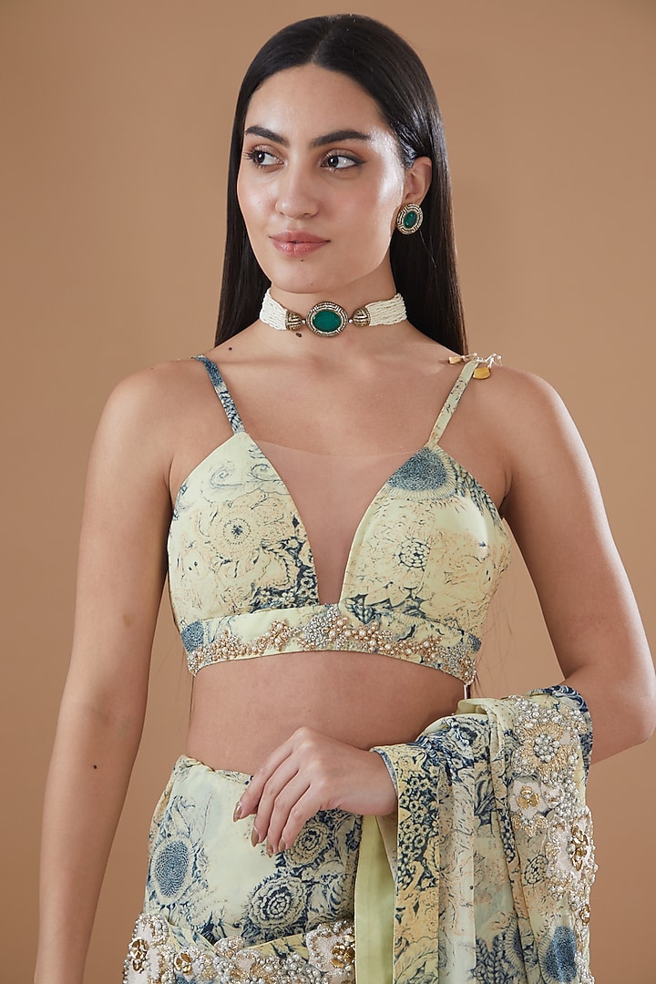 Mint & Blue Georgette Printed Wedding Saree Set by Bhumika Sharma at Pernia's Pop Up Shop