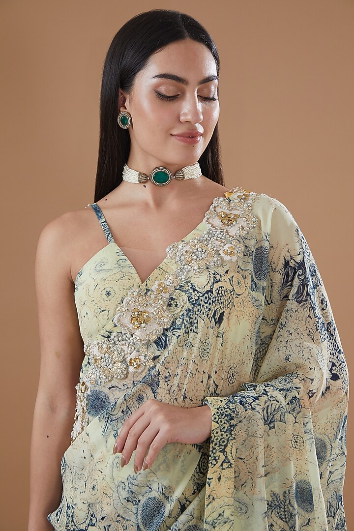 Mint & Blue Georgette Printed Wedding Saree Set by Bhumika Sharma at Pernia's Pop Up Shop