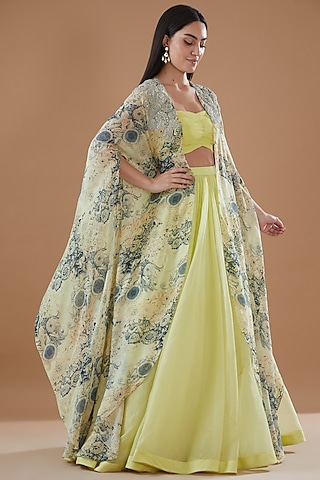 Mint & Blue Organza Printed Jacket Lehenga Set by Bhumika Sharma