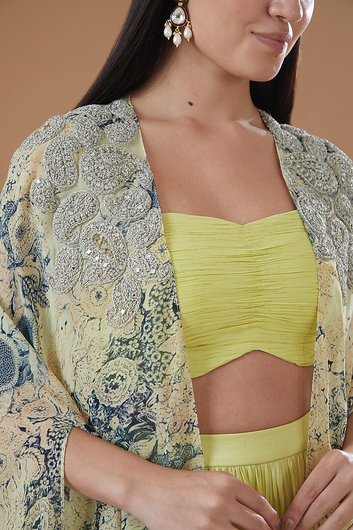 Mint & Blue Organza Printed Jacket Wedding Lehenga Set by Bhumika Sharma at Pernia's Pop Up Shop
