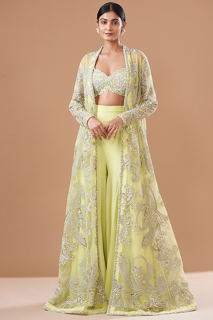 Mint Georgette & Net Embroidered Jacket Set by Bhumika Sharma at Pernia's Pop Up Shop