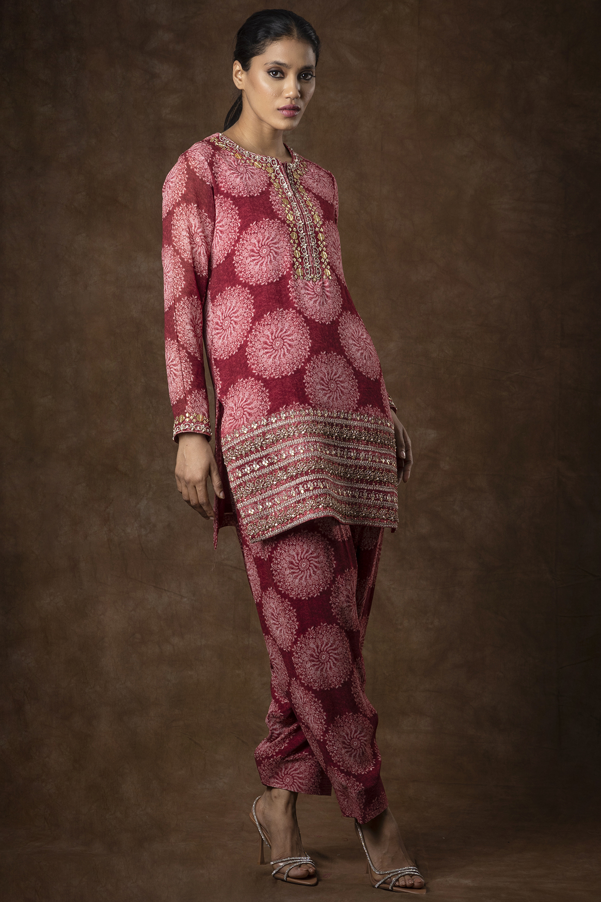Red Georgette Digital Printed & Embroidered Symmetric Short Kurta Set by Bhumika Sharma at Pernia's Pop Up Shop