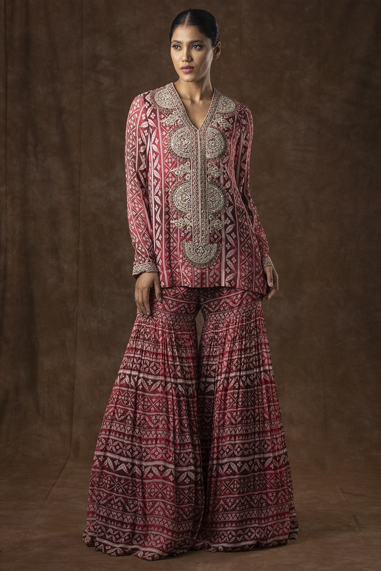 Red Georgette Digital Printed Wedding Sharara Set by Bhumika Sharma at Pernia's Pop Up Shop