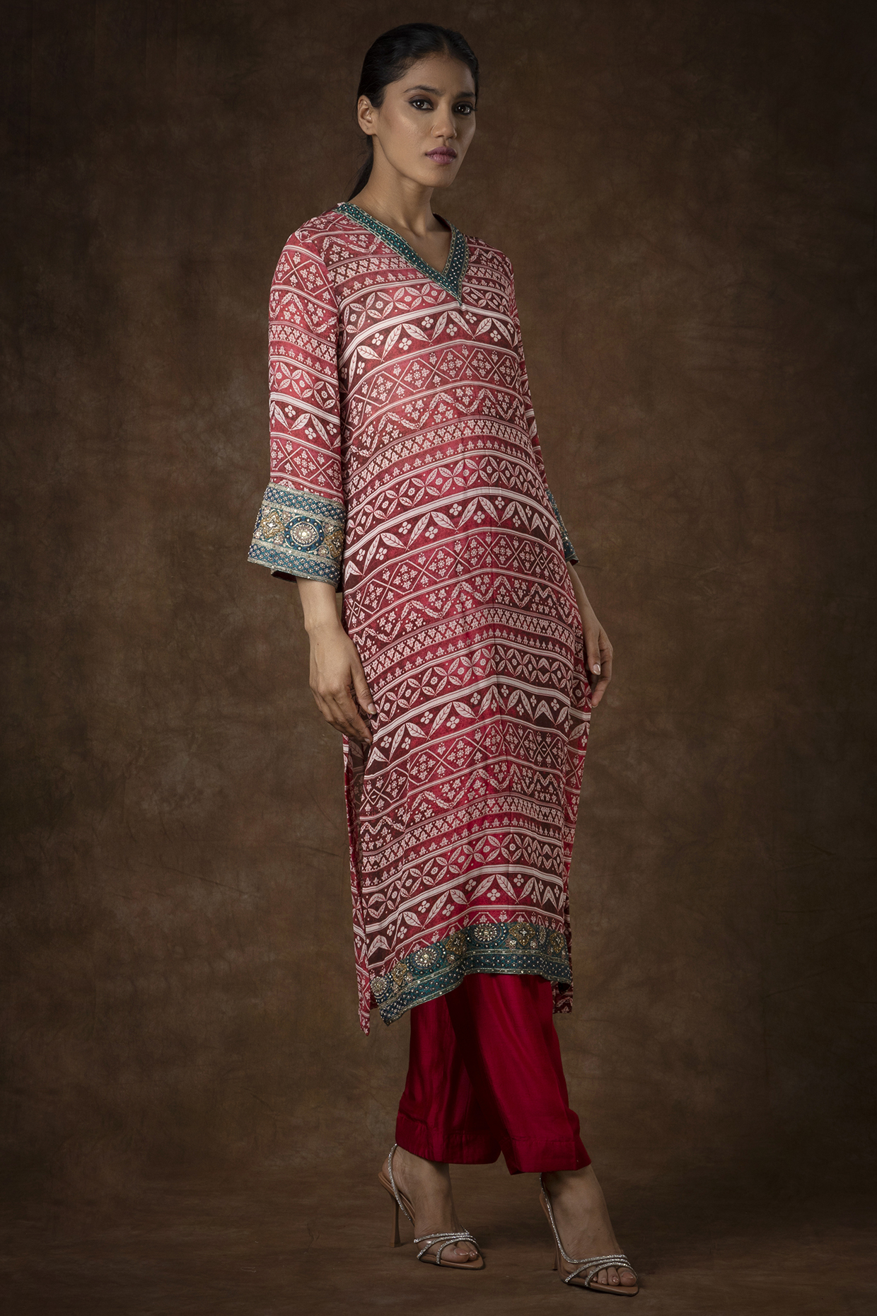 Red Georgette Digital Printed & Embroidered Symmetric Kurta Set by Bhumika Sharma at Pernia's Pop Up Shop