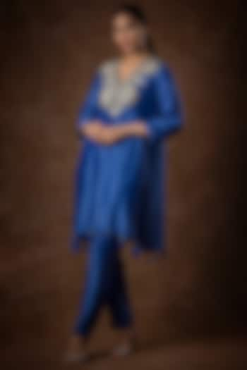 Blue Silk Blend Embroidered A-Line Kurta Set by Bhumika Sharma