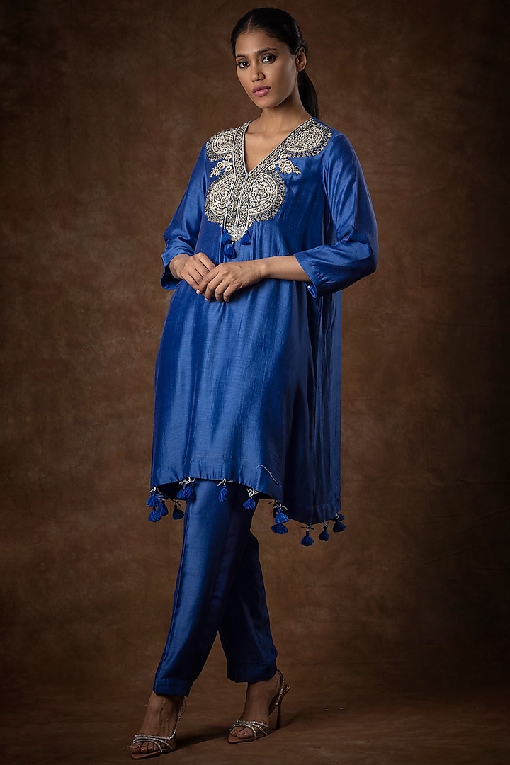 Blue Silk Blend Embroidered A-Line Kurta Set by Bhumika Sharma