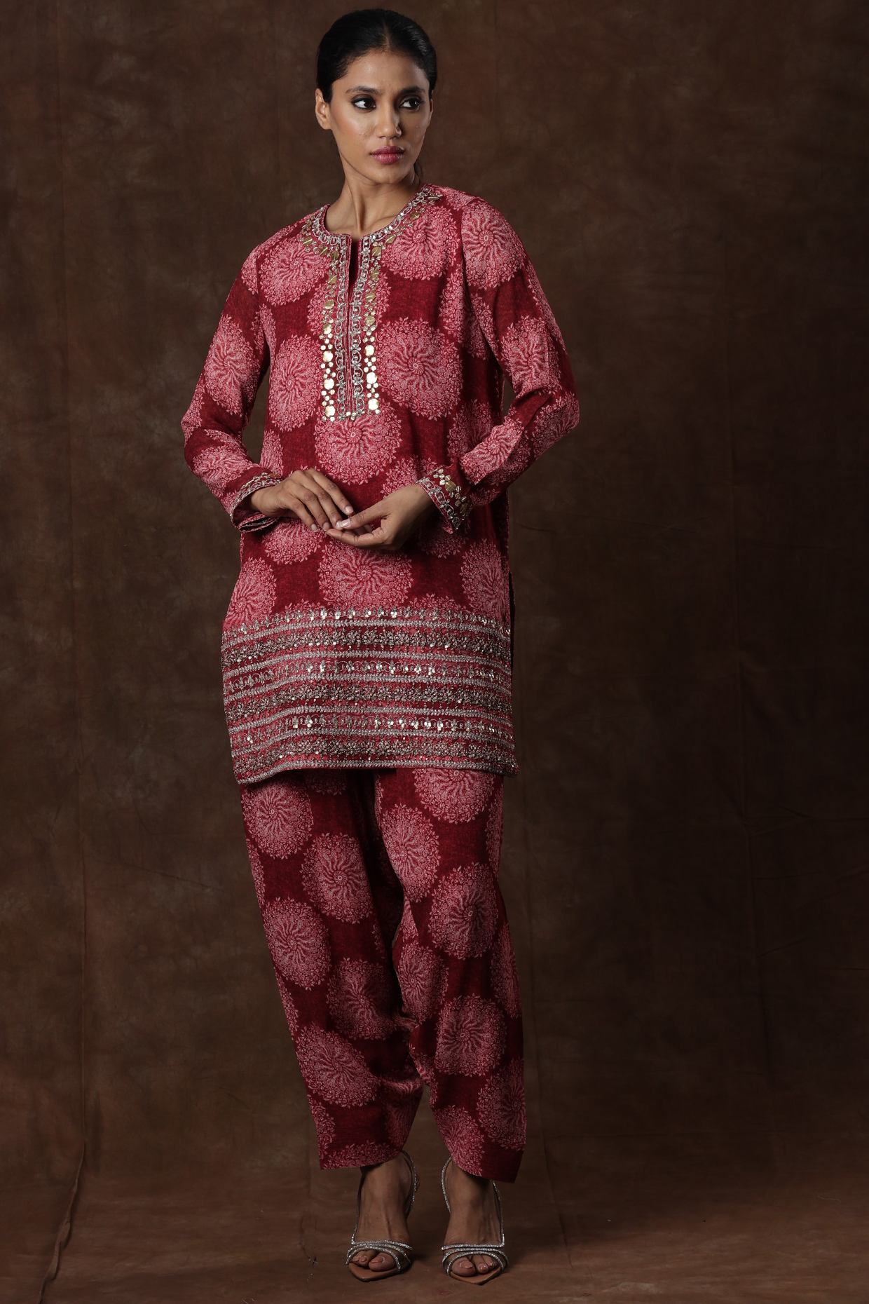 Red Chanderi Digital Printed & Embroidered Symmetric Kurta Set by Bhumika Sharma