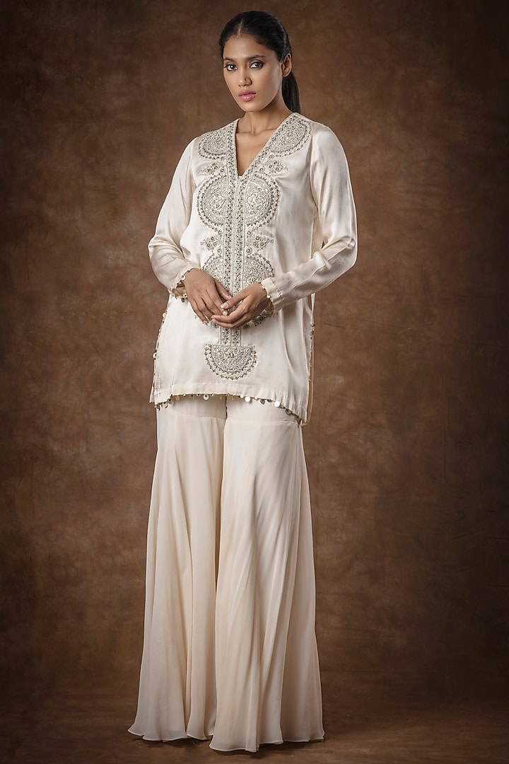 Ivory Silk Blend Sharara Set by Bhumika Sharma