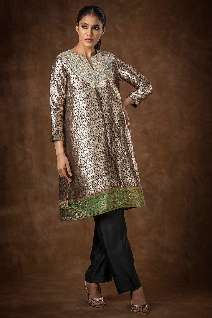 Black Brocade Patchwork Kurta Set by Bhumika Sharma at Pernia's Pop Up Shop