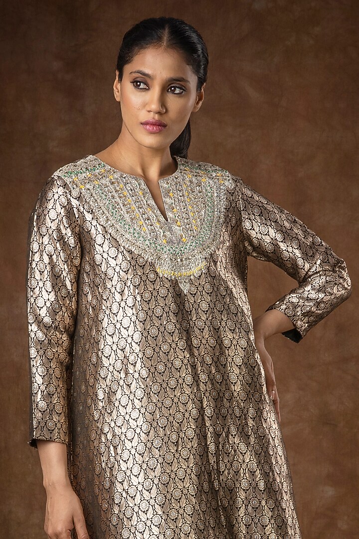 Black Brocade Patchwork Kurta Set by Bhumika Sharma at Pernia's Pop Up Shop