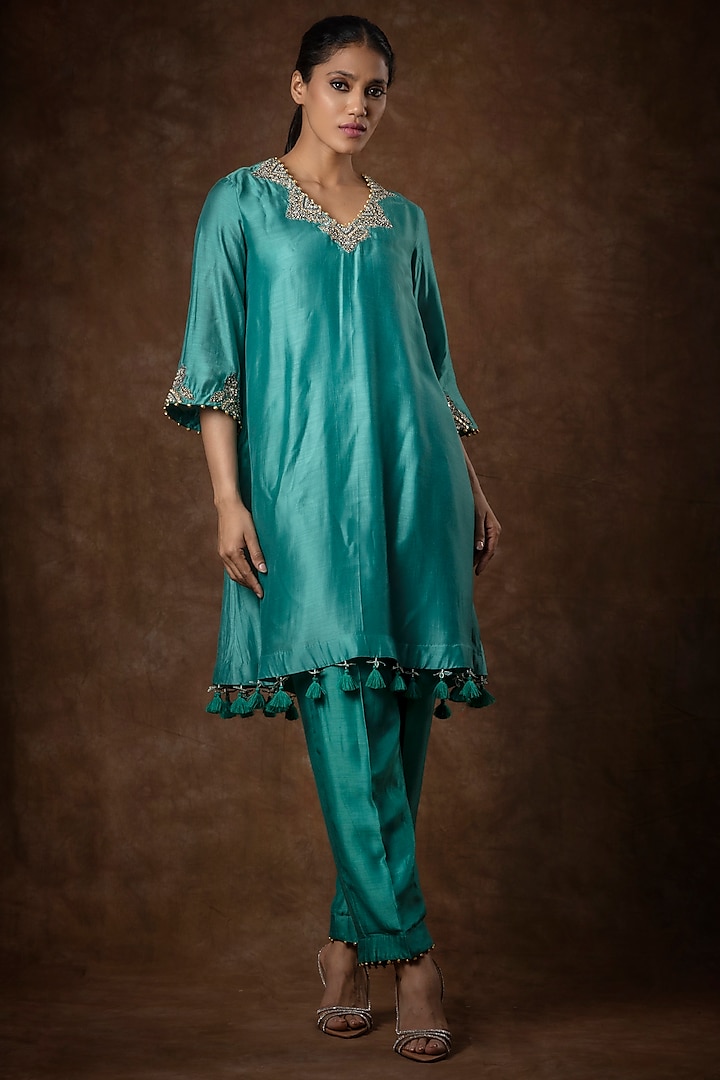 Turquoise Silk Blend Embroidered A-Line Kurta Set by Bhumika Sharma